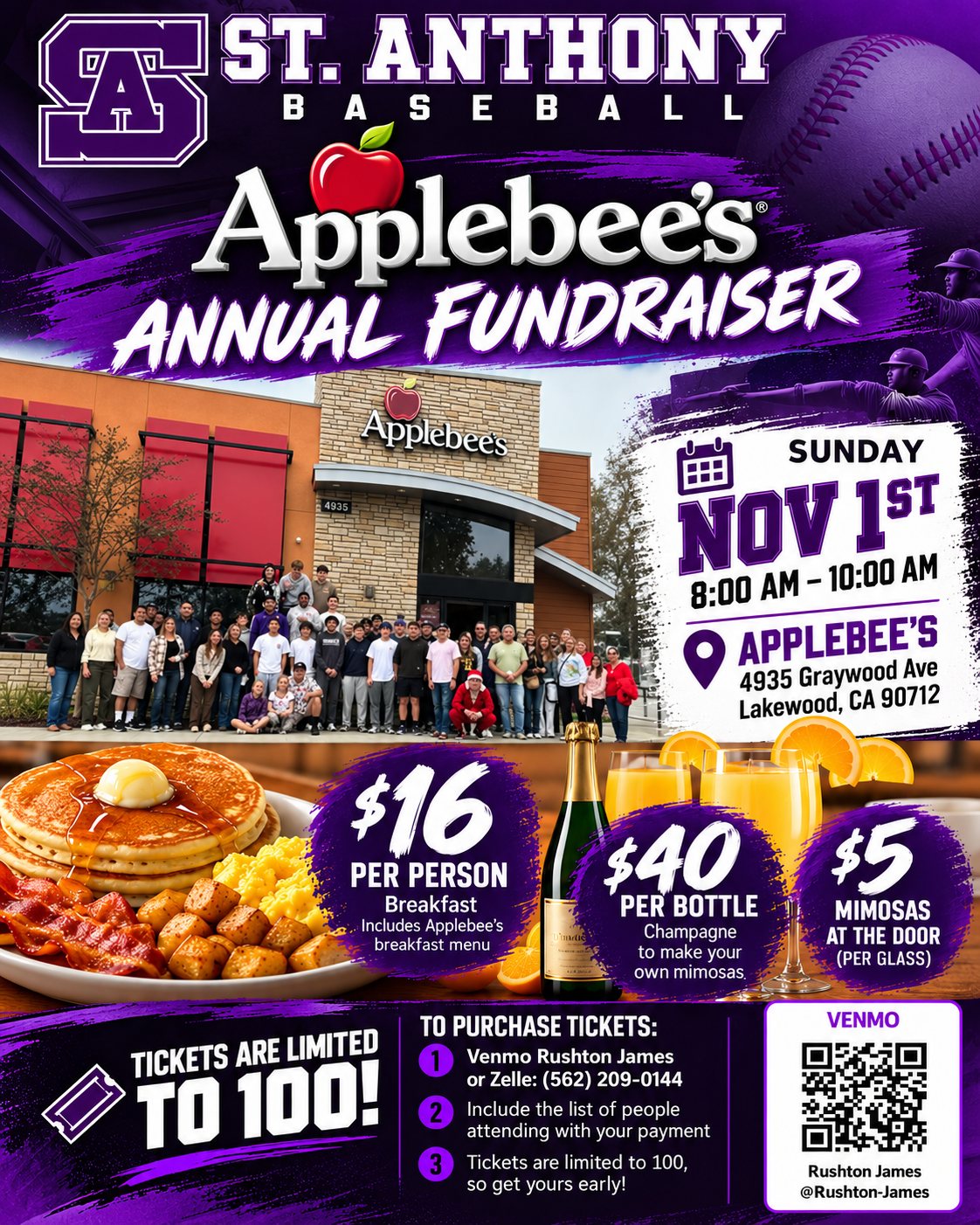 Event flyer: St. Anthony Baseball Applebee's Annual Fundraiser, Sunday, November 1, 8:00 AM – 10:00 AM, Applebee's 4935 Graywood Ave, Lakewood, CA 90712. $16 per person breakfast, $40 per bottle champagne, $5 mimosas at the door. Venmo Rushton James or Zelle (562) 209-0144.